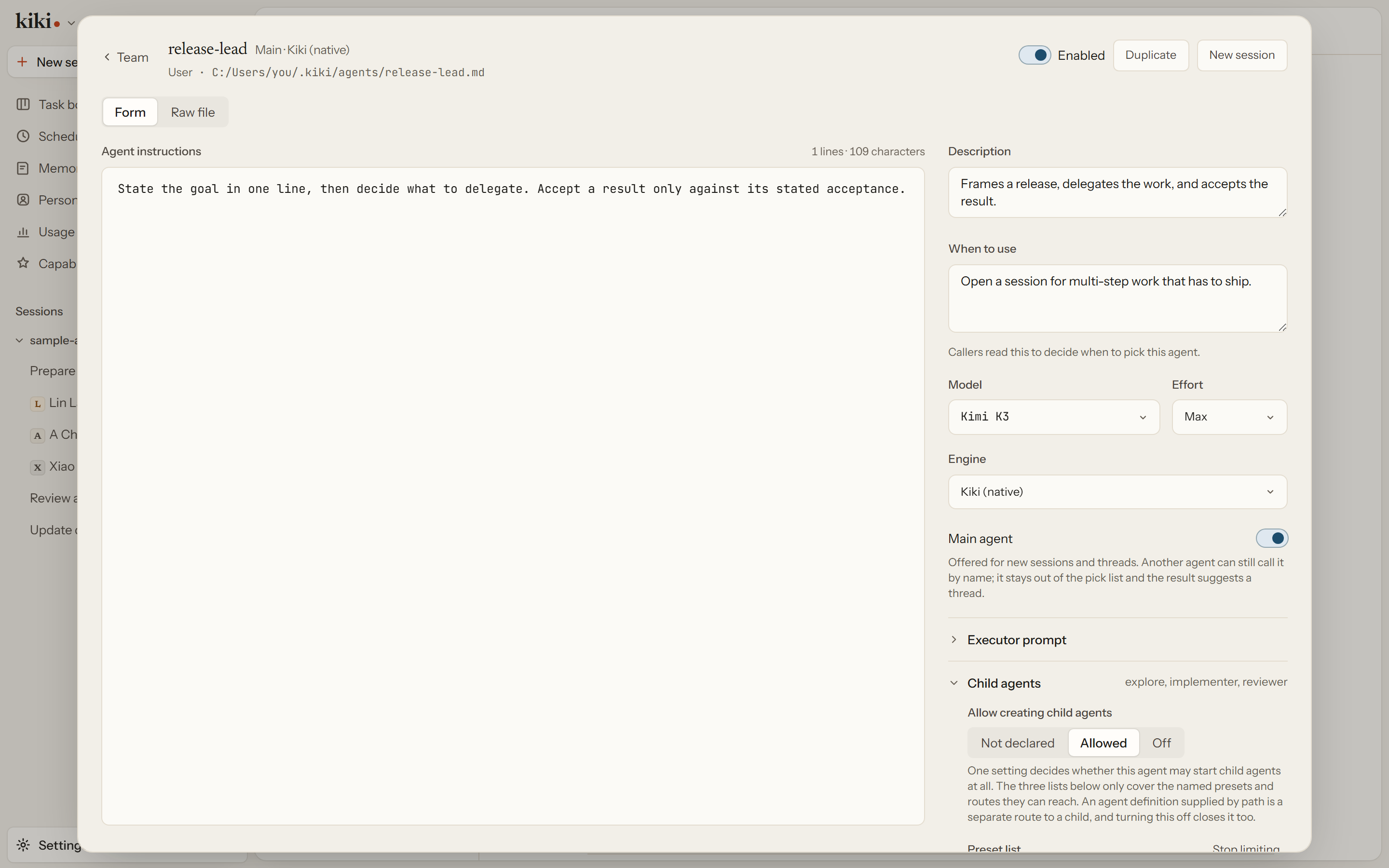 The agent editor: instructions, description, when to use it, model, effort, engine, the main-agent switch, and the child agents this role may create.