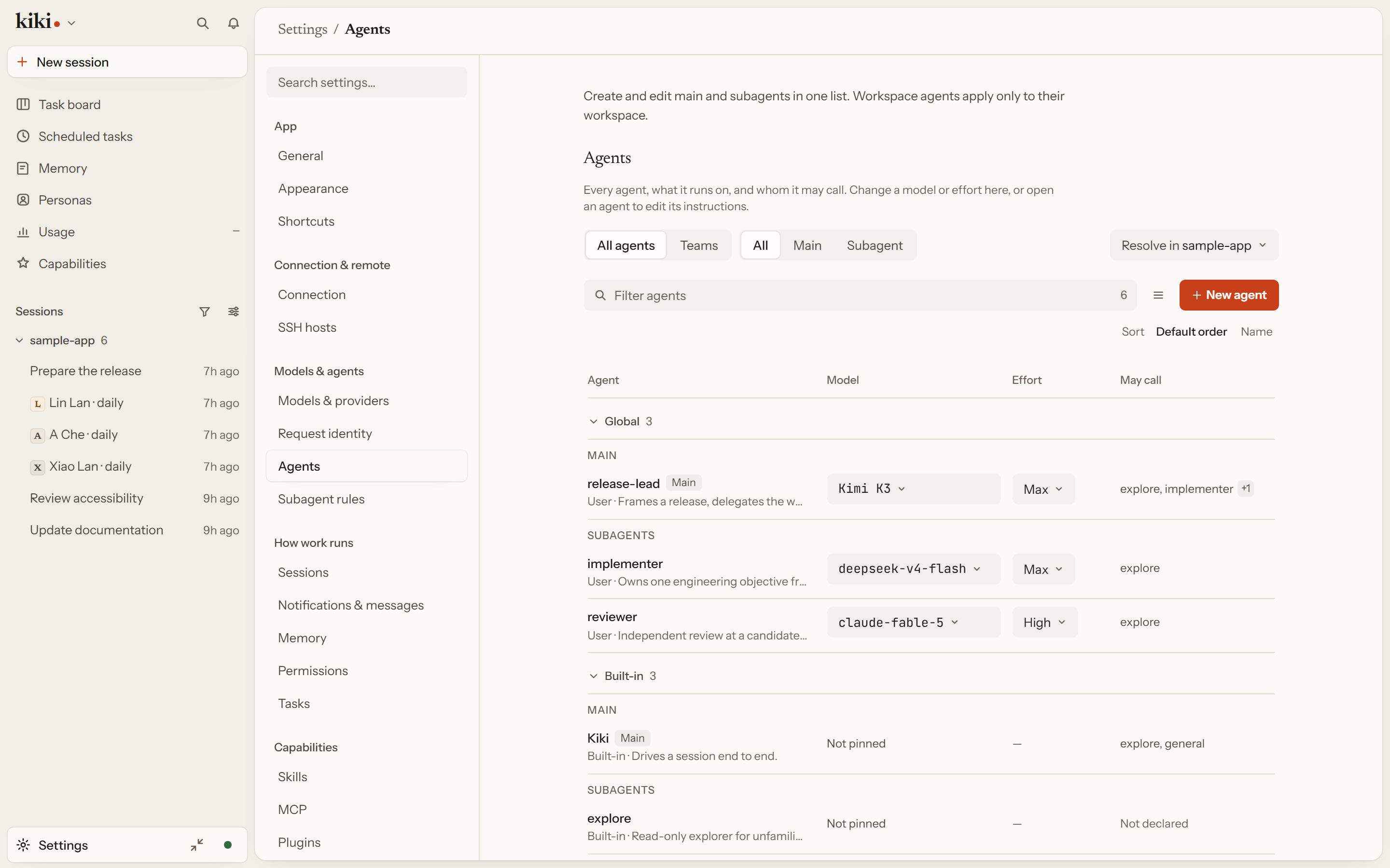 The Settings > Agents list, with main agents and subagents grouped and each role's model, effort, and permitted child agents on its row.