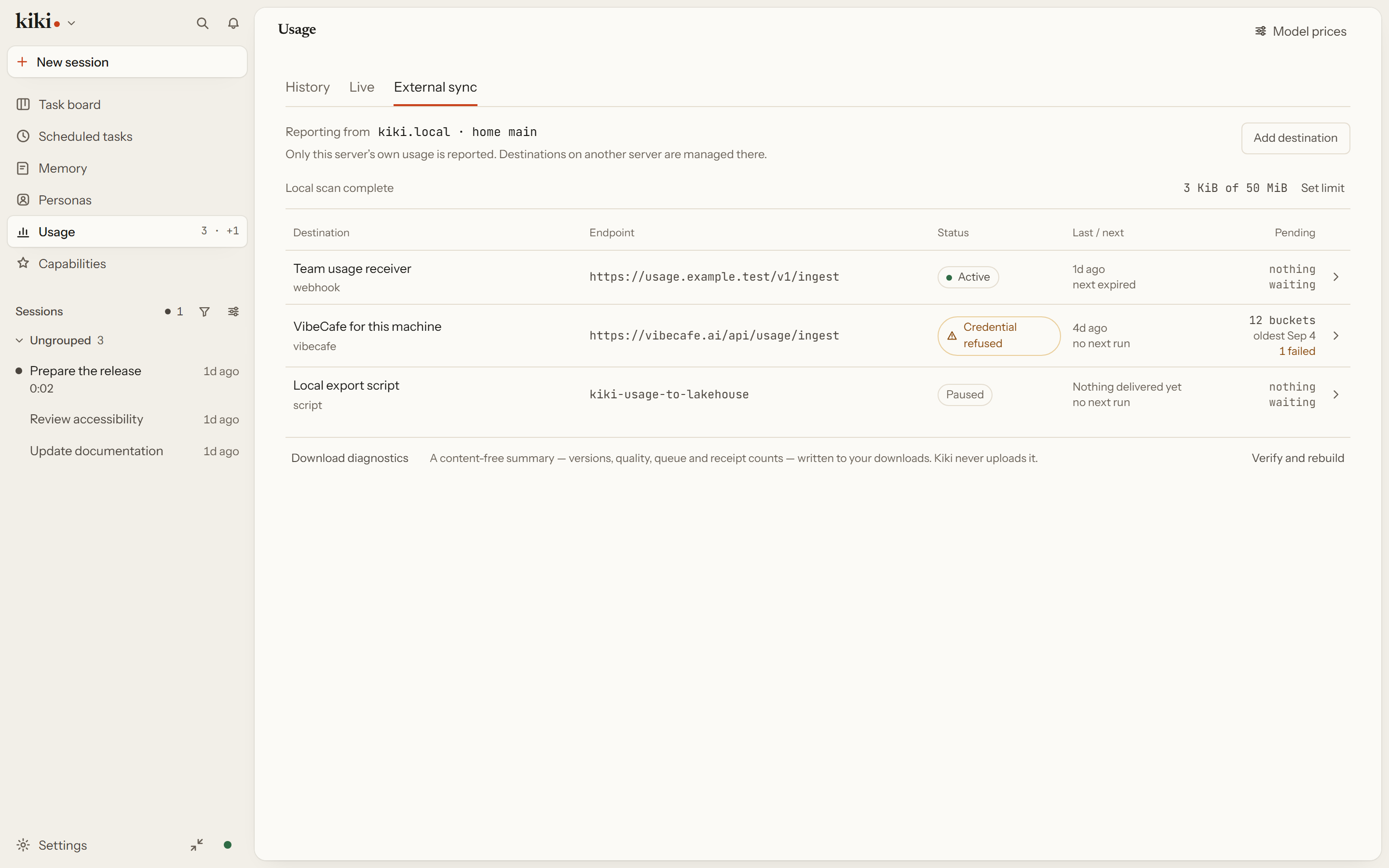 The usage page on its External sync tab: three destinations — a webhook that is active, a VibeCafe connection whose credential was refused with its queue intact, and a script that is paused — each with its endpoint, state, and pending count.