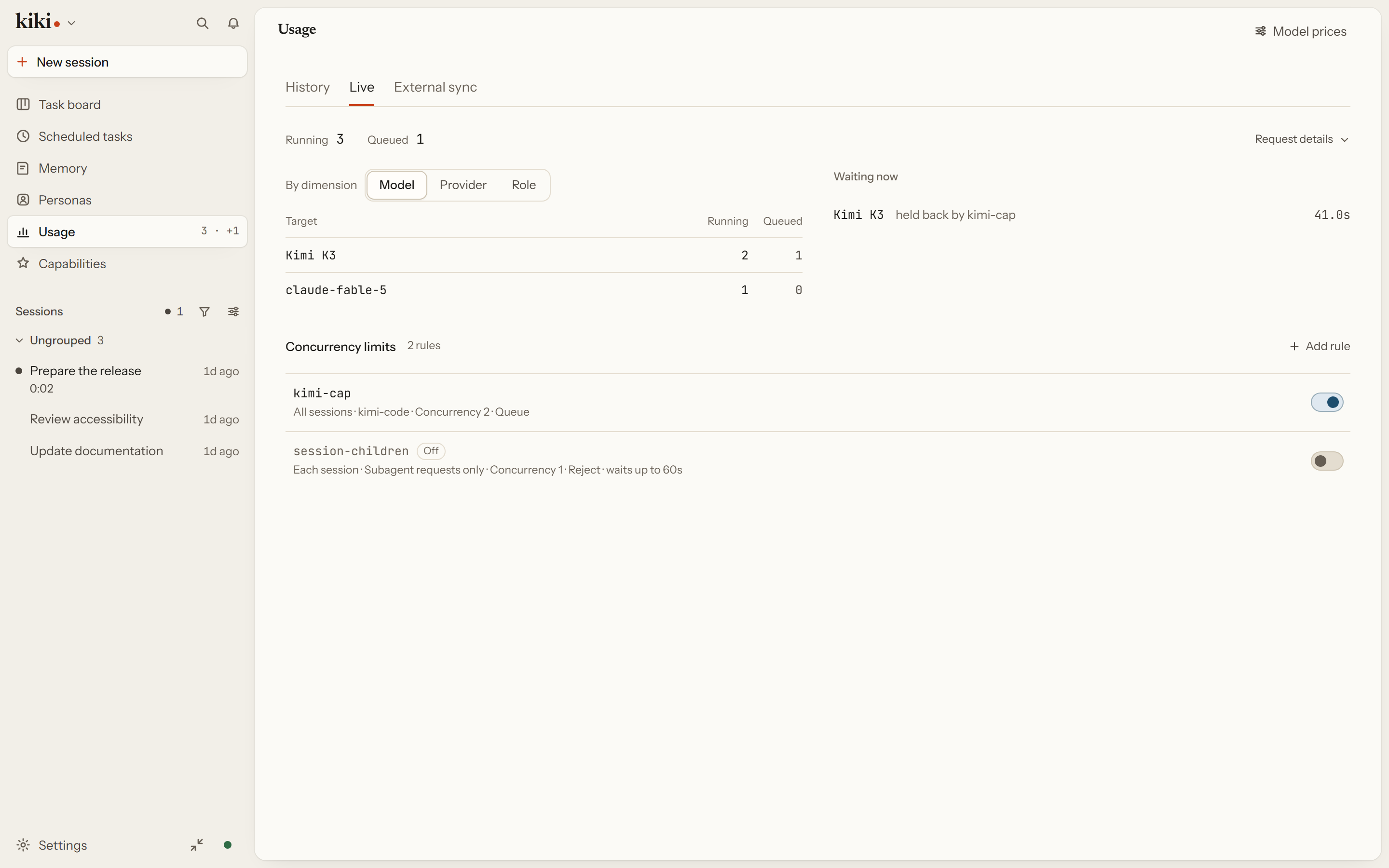 The Live tab on the Usage page: active and queued counts per model, one waiting request naming the kimi-cap rule holding it, and concurrency limit rules below with one enabled and one disabled.