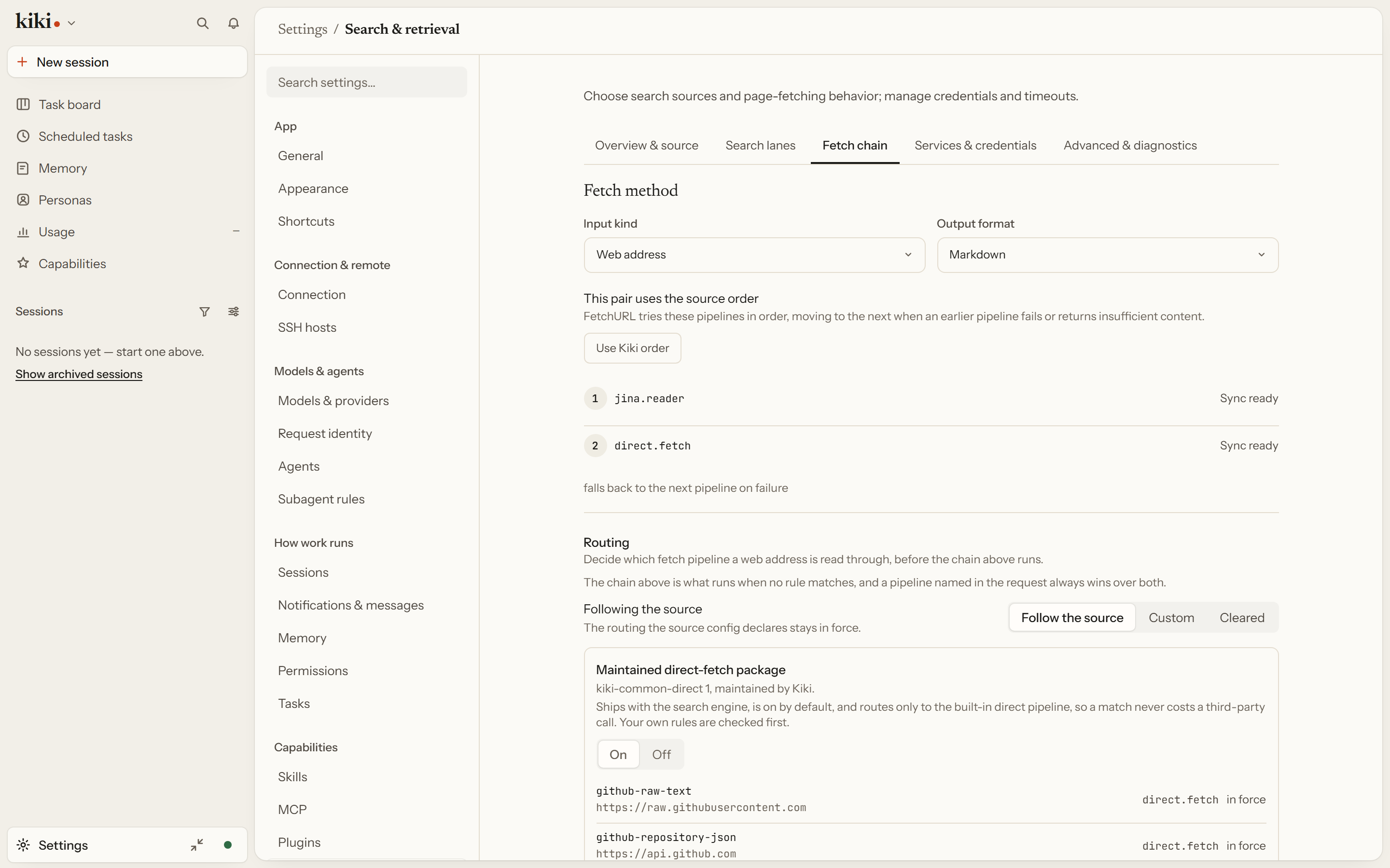 The fetch chain tab, with the pipelines a web address is read through in order and what each one falls back to.