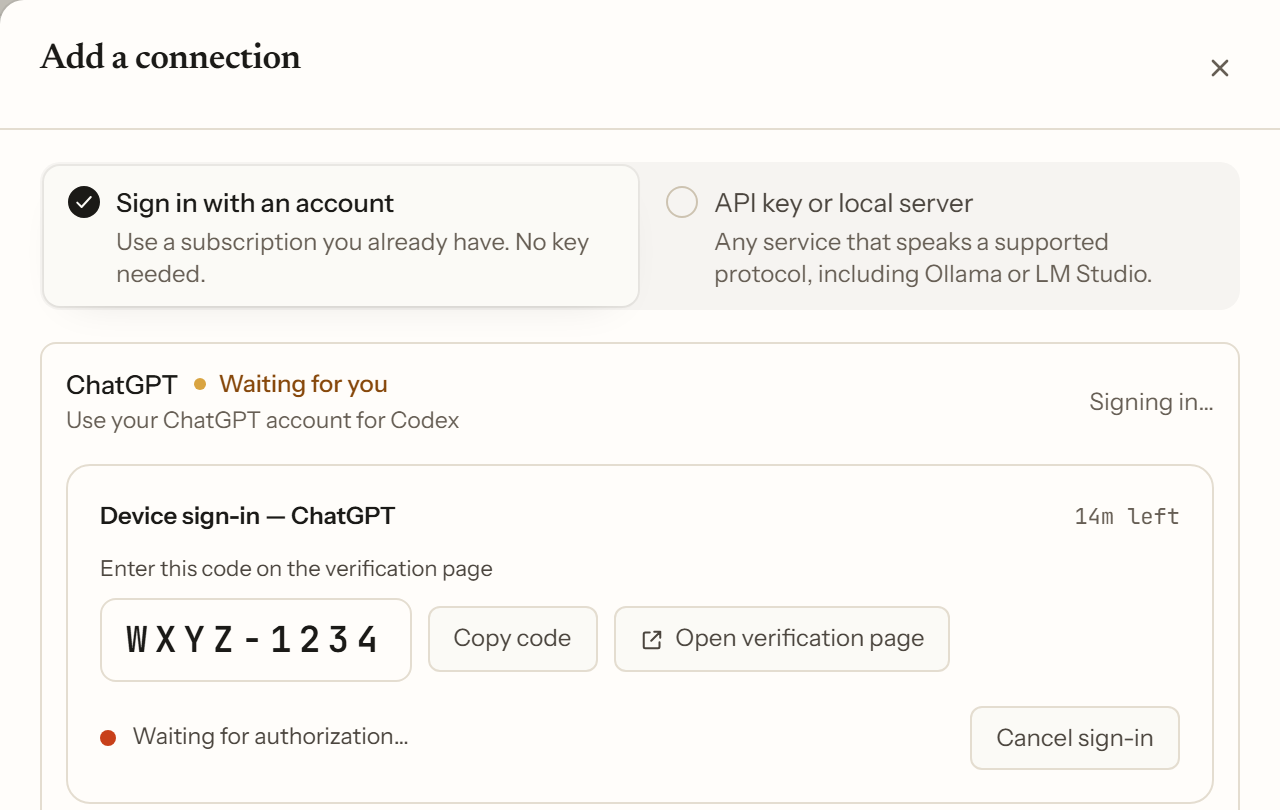 A device sign-in in progress: the code to enter on the verification page, how long it stays valid, and the cancel action.