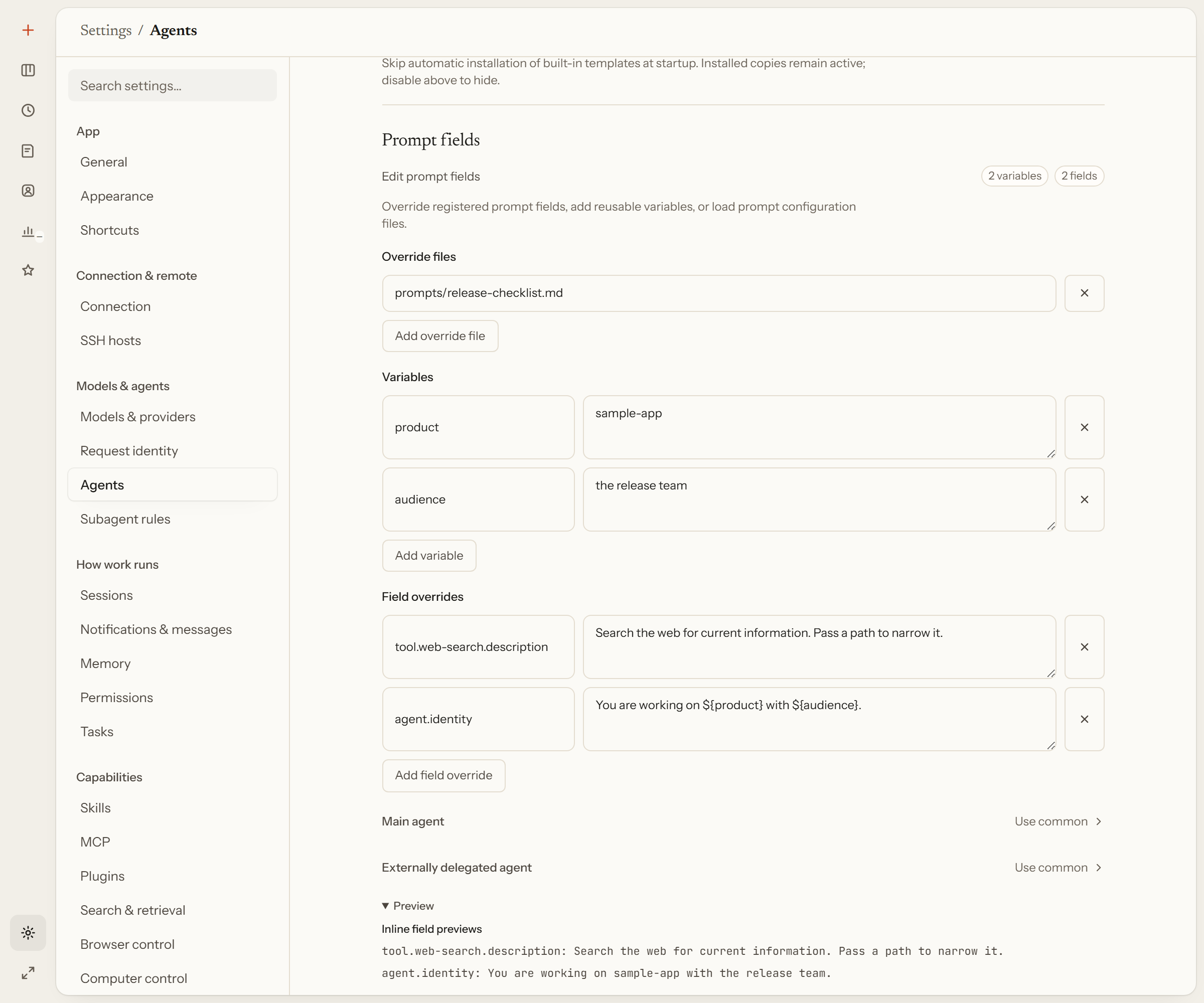 Prompt field overrides, down to one tools description, beside a live preview of the resulting prompt.