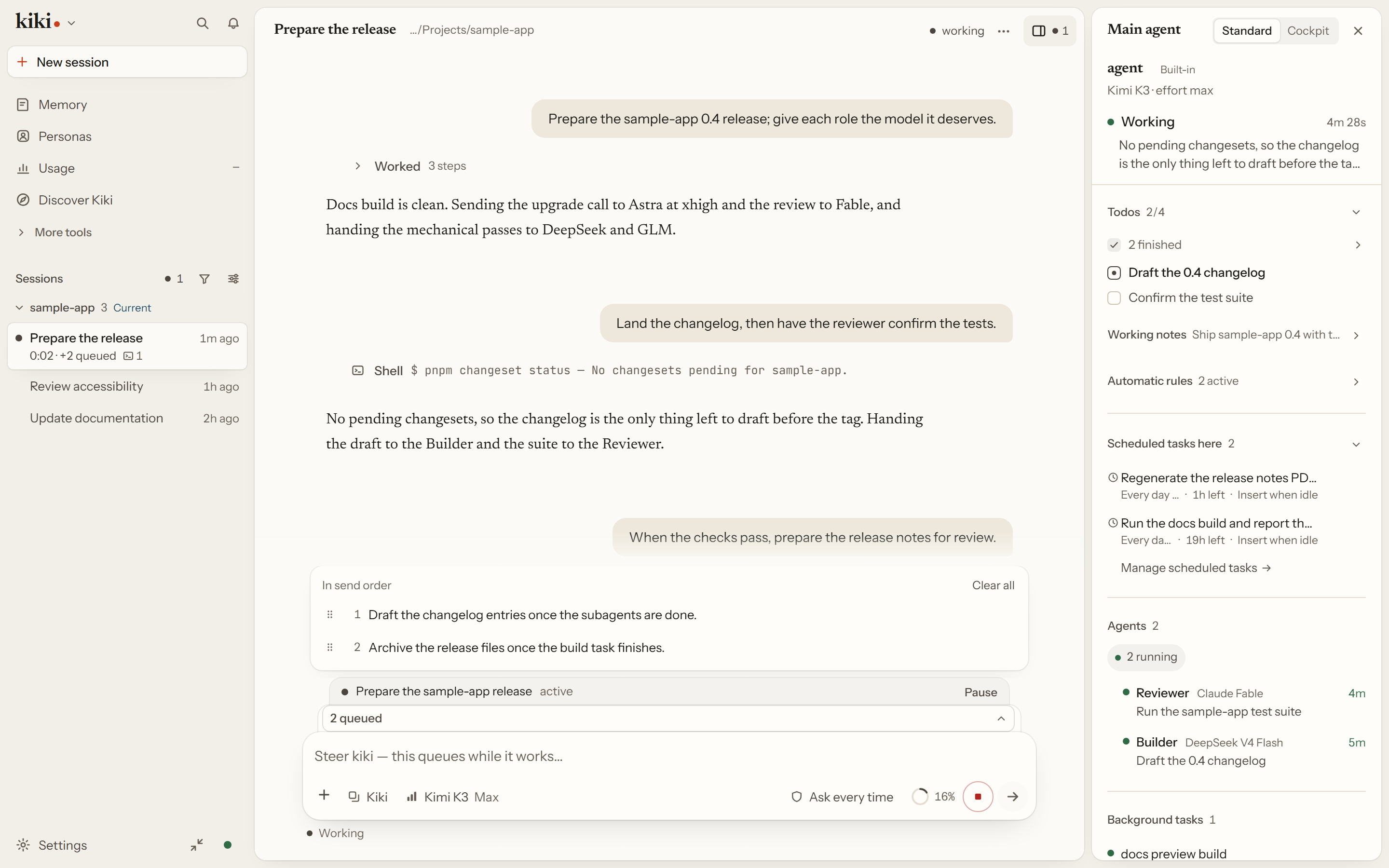 The Kiki workbench: the subagents a lead session dispatched, an active goal, and a queued message, all on one screen.