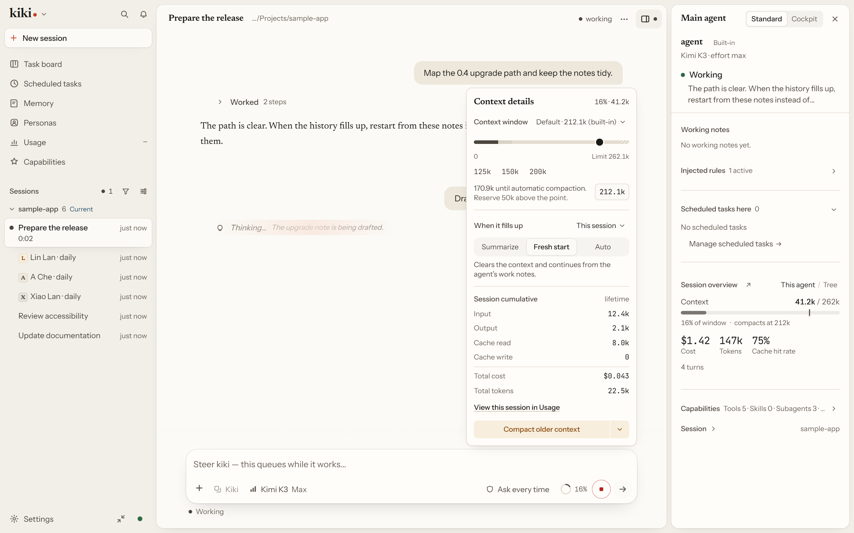 The context meter detail card, with the context window track and Fresh selected as the renewal strategy.