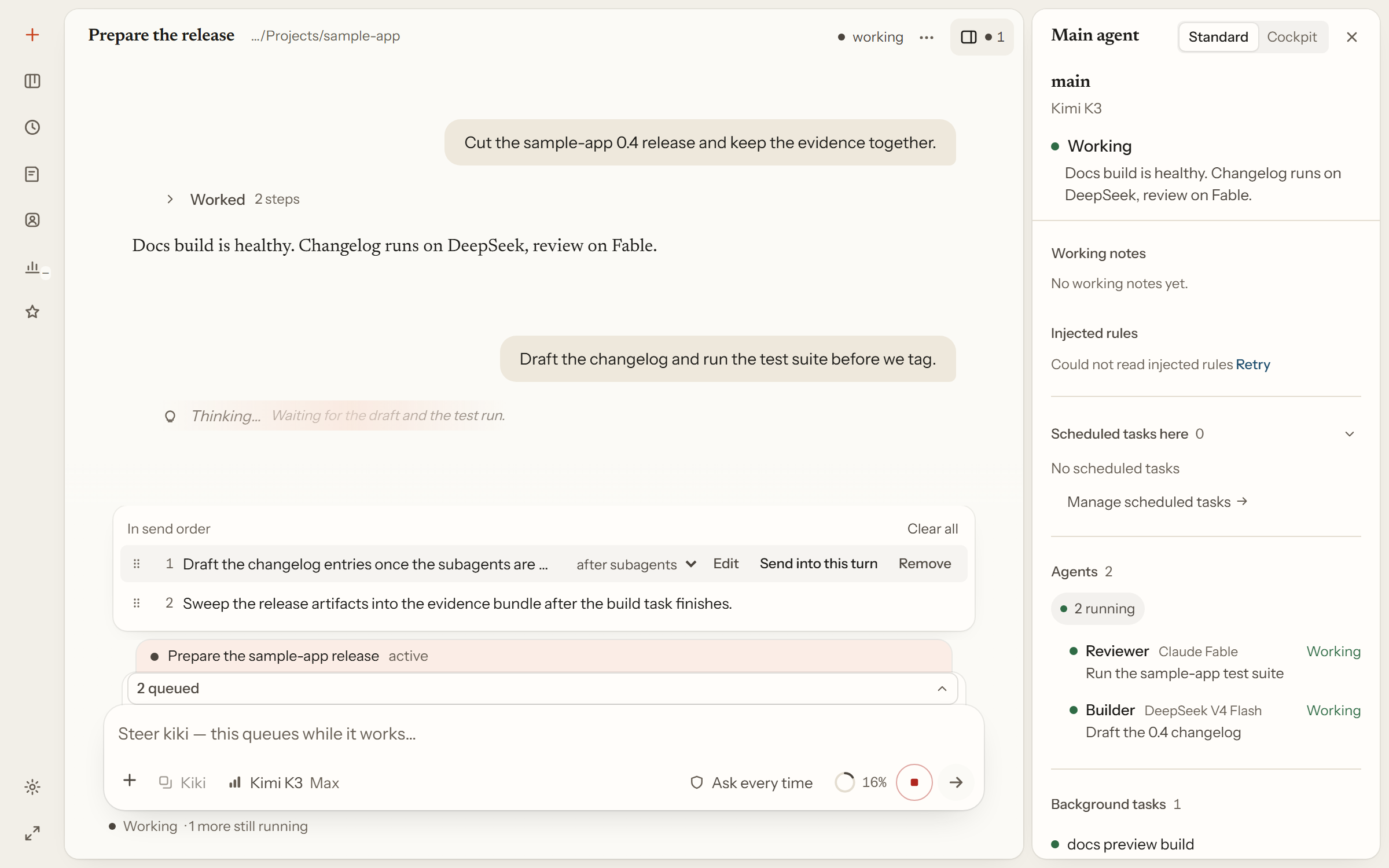 An active goal with two queued messages, each with its own send timing.