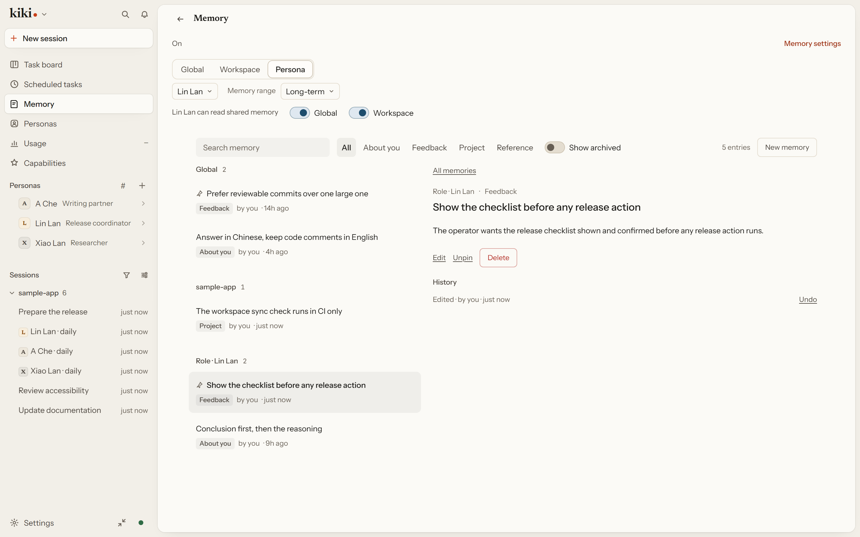 The memory page in the persona scope, listing entries across the global, workspace, and persona bodies, with an entry open and its change history.