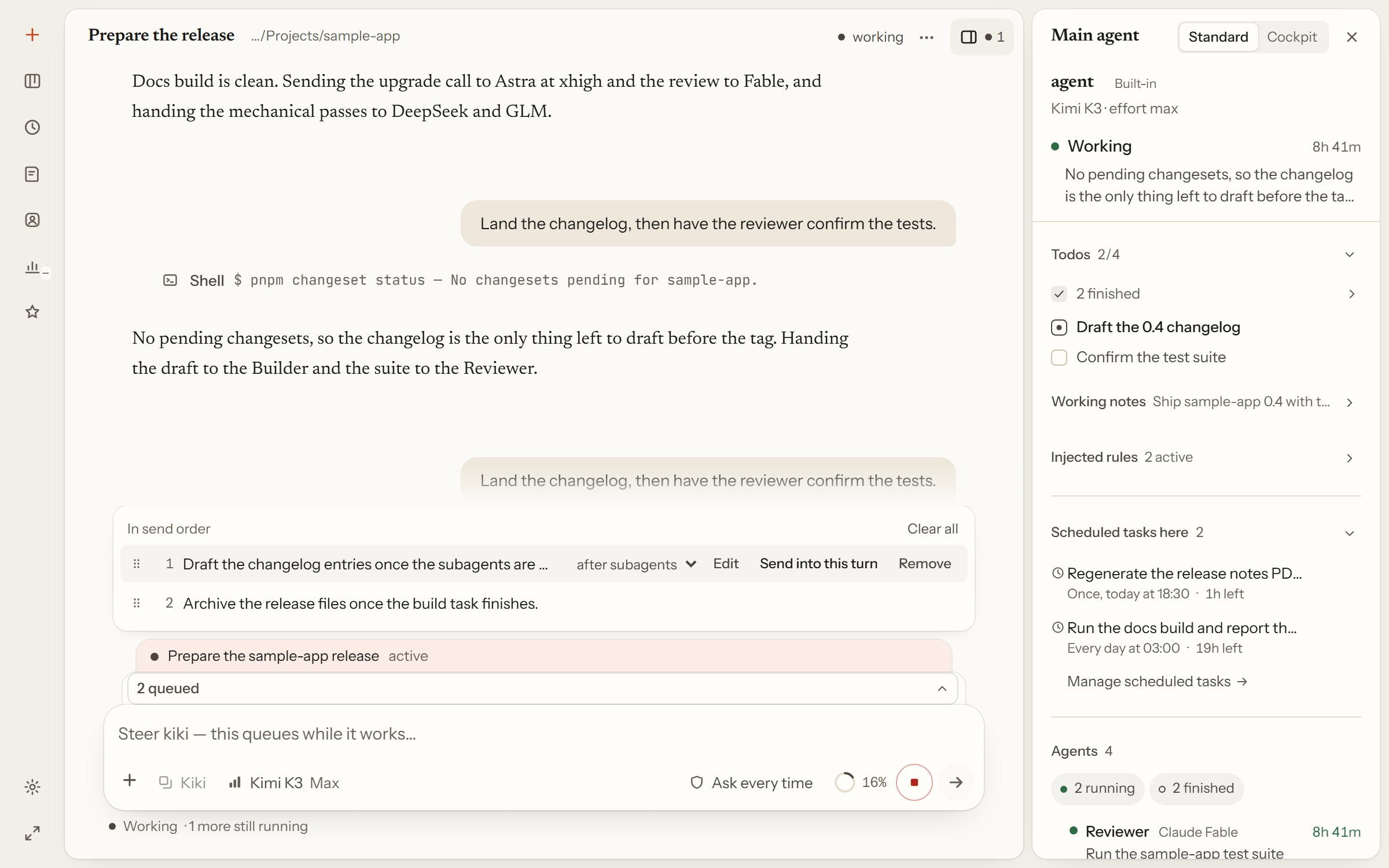 The queue expanded under a running goal, with each queued message's own send timing and its edit, send-now, and remove actions.