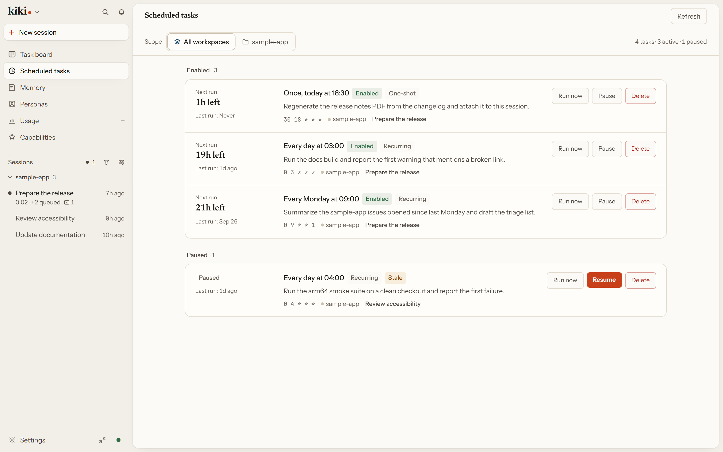 The scheduled tasks panel, with enabled one-shot and recurring entries above a paused one, and run-now, pause, resume, and delete per entry.