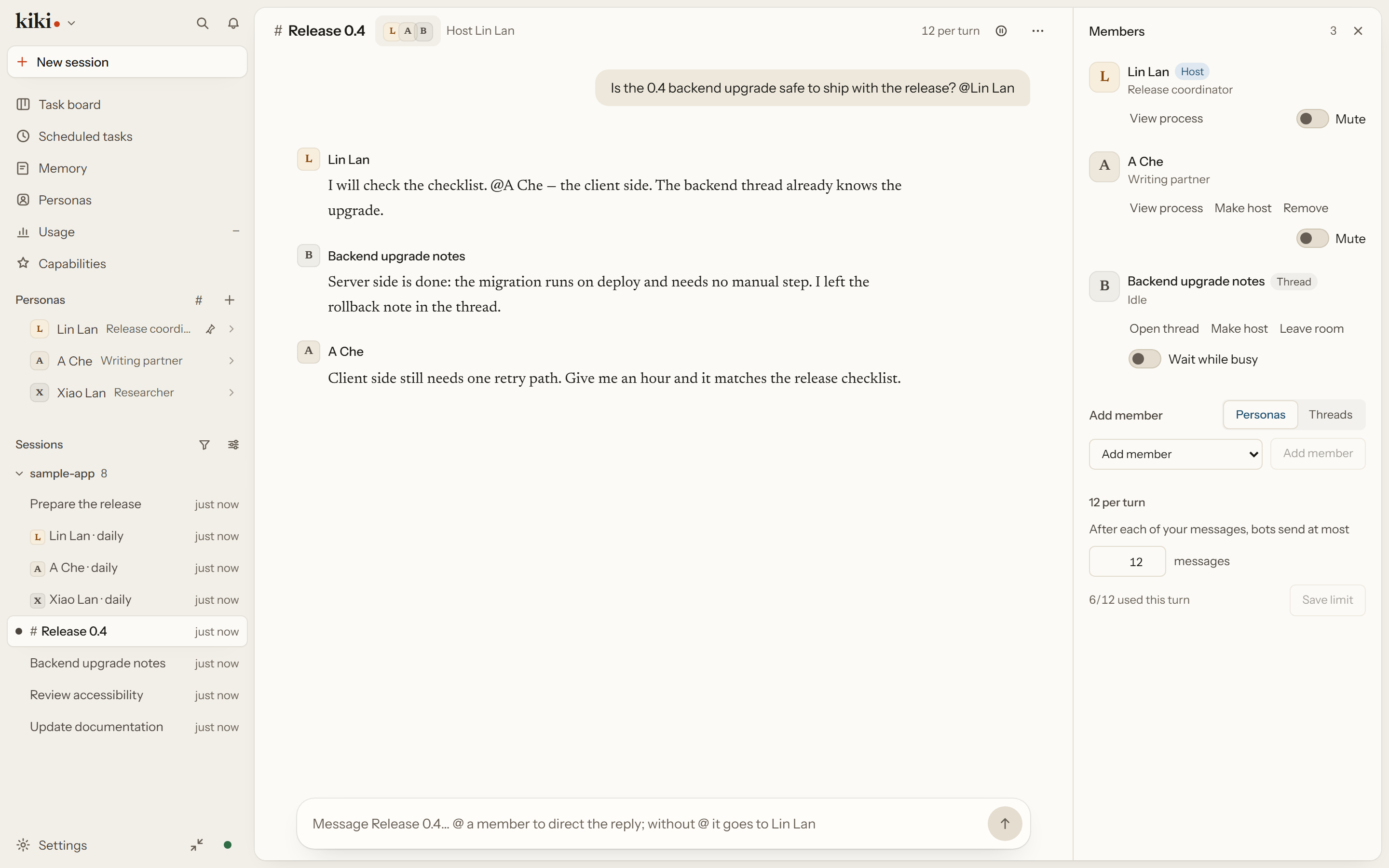 A room that also holds threads, listed under their own tab when you go to add a member.