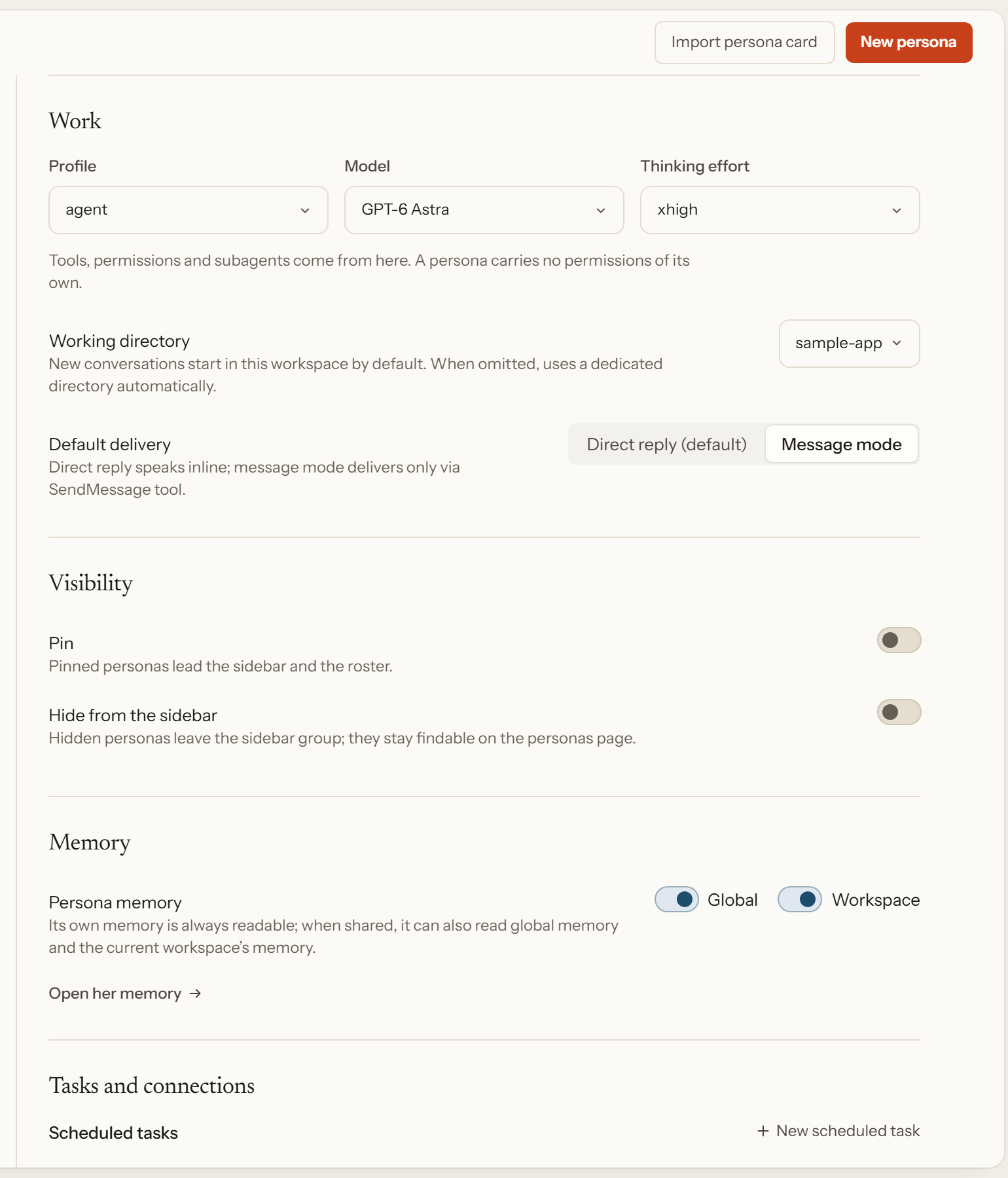 One persona's settings: the profile it rides on, its model and effort, the working directory, how it is delivered, whether it is pinned or hidden from the sidebar, and which memory it can read.