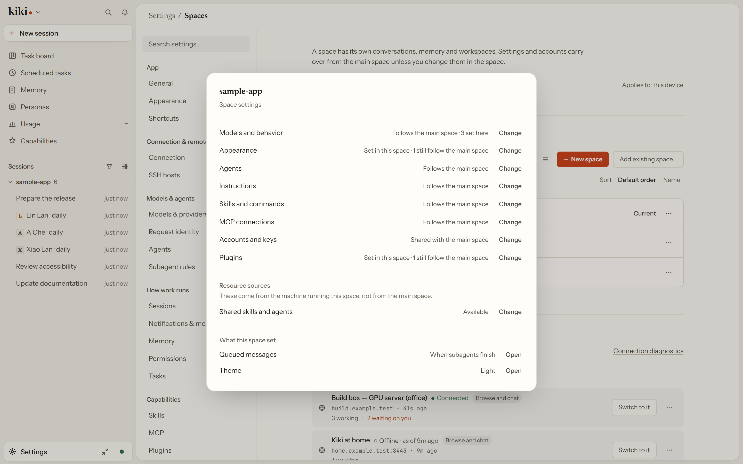 One space's own settings sheet, where each row says whether it follows the main space or is set here, with a Change action per row.