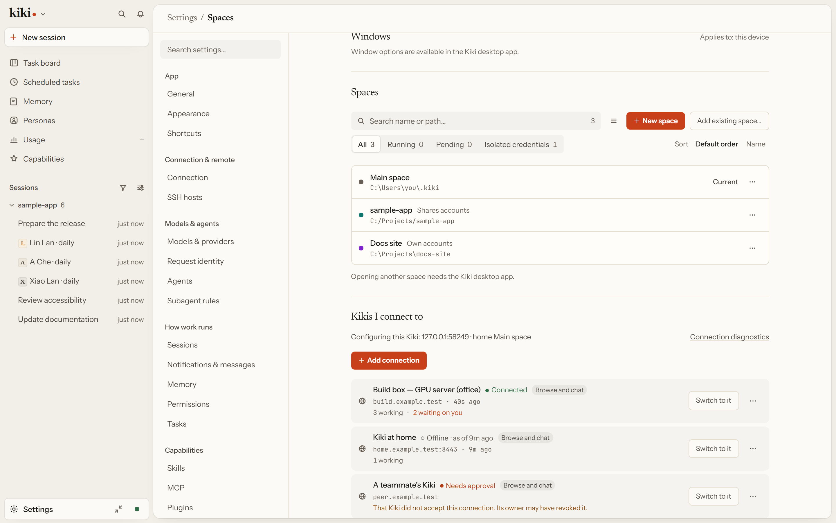 The remote connections list: one row per peer Kiki, each with its own state and the moment its last reading was taken.