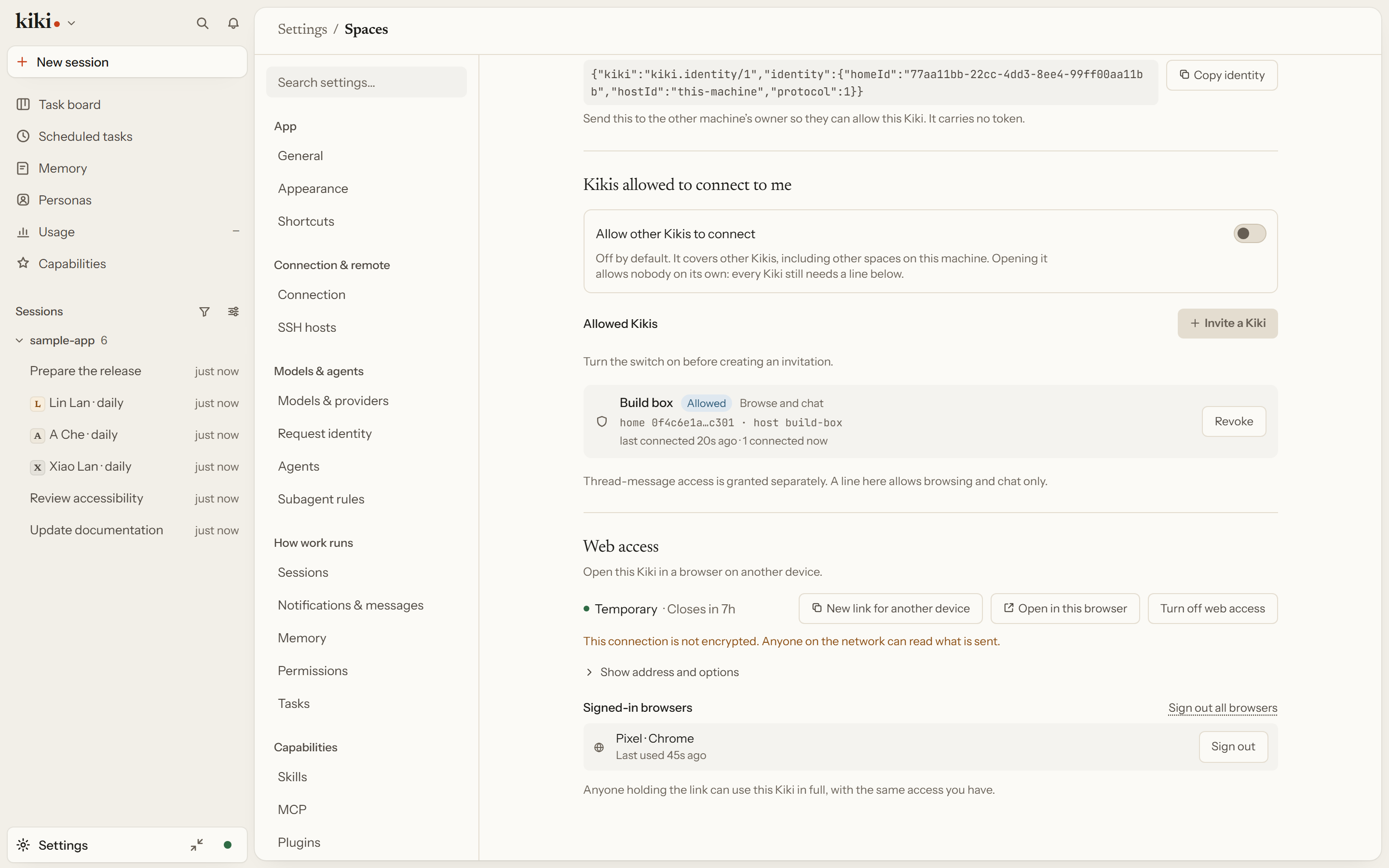 Web access turned on for this Kiki, with the browsers already signed in listed beneath it.