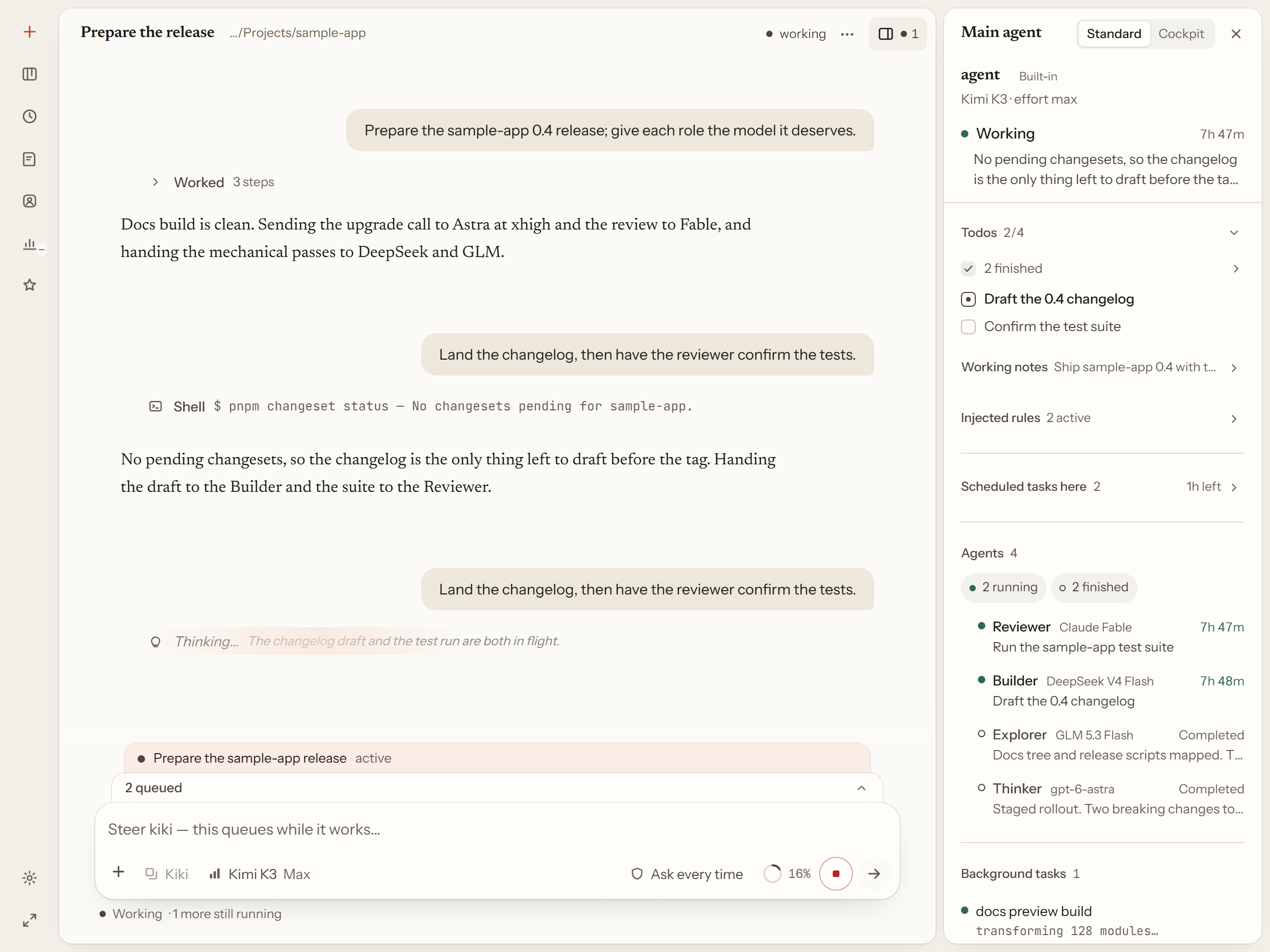 One session running several roles at once: the right rail lists the main agent's state, its todos, and each child agent with the model it is bound to.