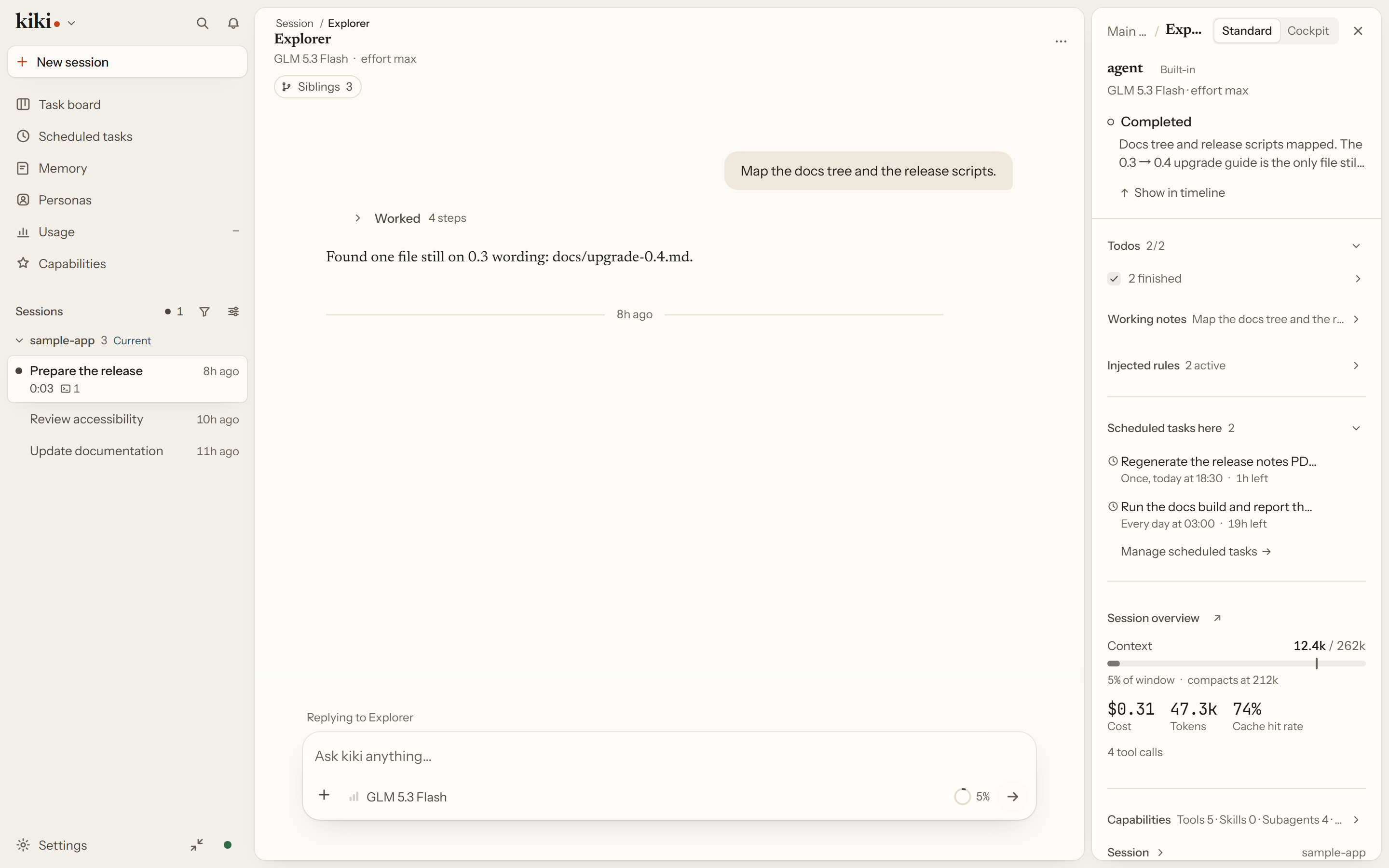 A subagent's own session: its separate transcript, its own composer, and a composer row that shows which agent a message is replying to.
