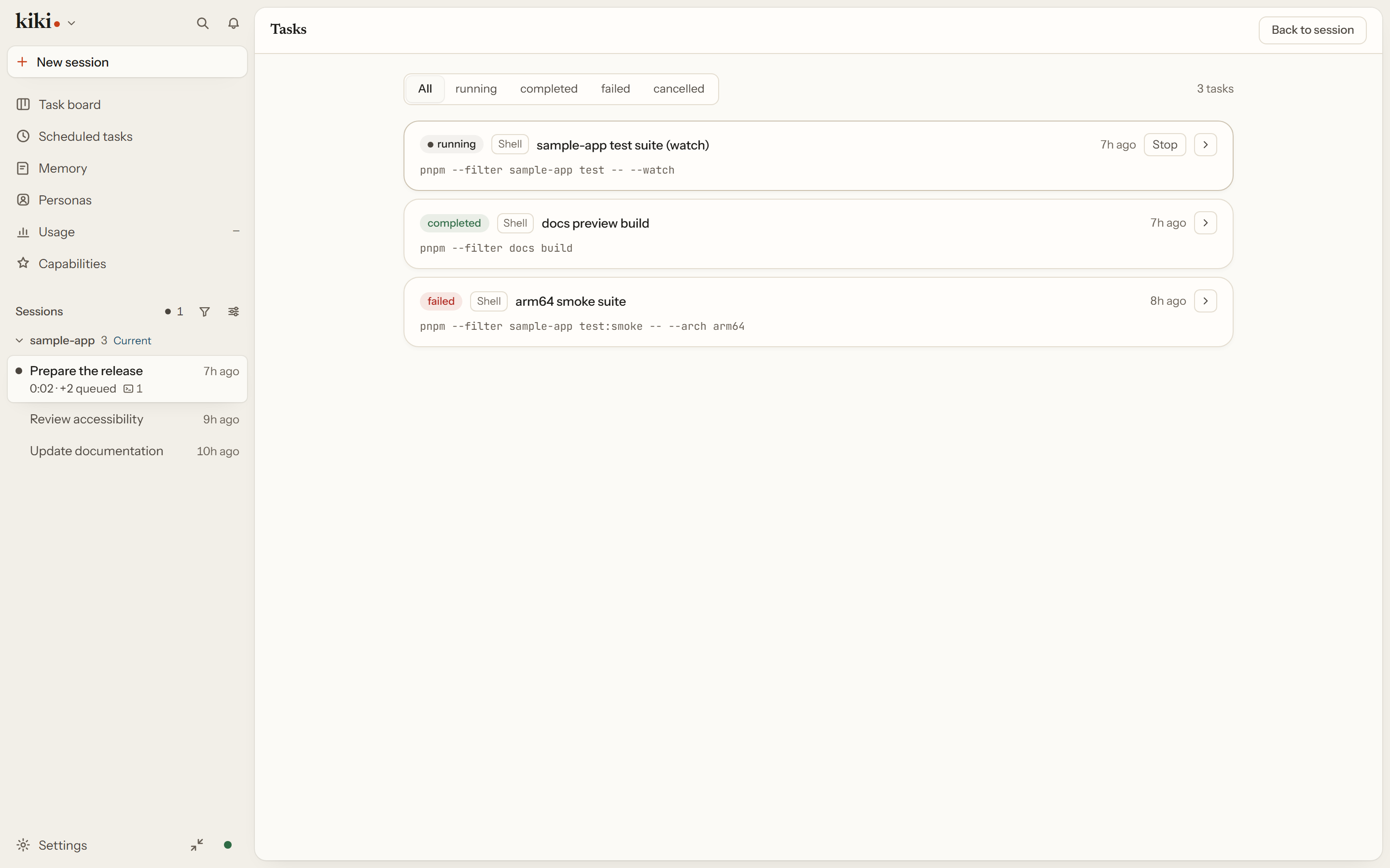 The tasks page filtered to all tasks, one running, one completed, and one failed, each with the command it ran and a filter row across the top.