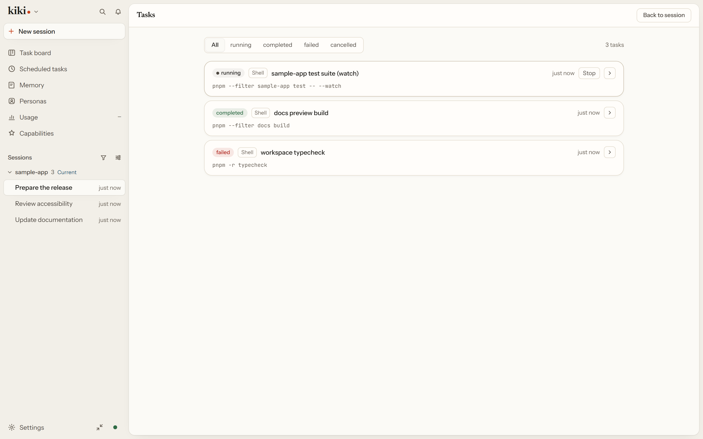 The tasks page: one background task running with its stop control, one finished, and one failed.